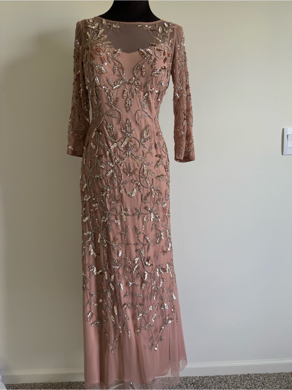 Adrianna Papell Floral Scroll Beaded Gown in Rose Gold